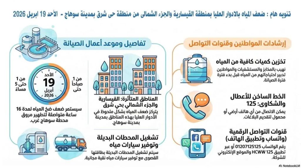 لمدة 16 ساعة ضعف المياه بالأدوار العليا بعدة مناطق بسوهاج غدًا الأحد