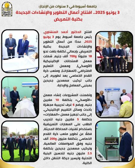 جامعة أسيوط في 3 سنوات من الإنجاز: 3 يونيو 2025.. افتتاح أعمال التطوير والإنشاءات الجديدة بكلية التمريض