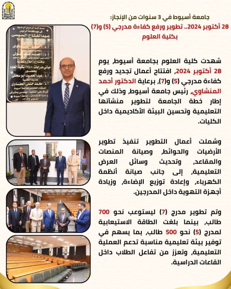 جامعة أسيوط في 3 سنوات من الإنجاز: 28 أكتوبر 2024.. افتتاح أعمال تجديد مدرجي (5) و(7) بكلية العلوم