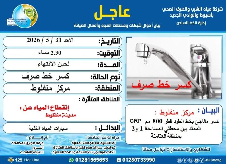 كسر مفاجئ بخط صرف صحي 800 GRP بمنفلوط والدفع الفوري بفرق الطوارئ
