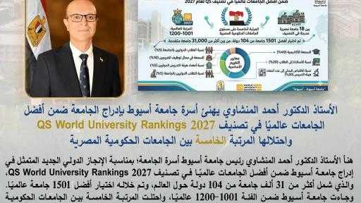 الدكتور المنشاوي يهنئ أسرة جامعة أسيوط بإدراجها ضمن أفضل جامعات العالم في تصنيف QS 2027 من بين أكثر من 31 ألف جامعة تمثل 104 دولة