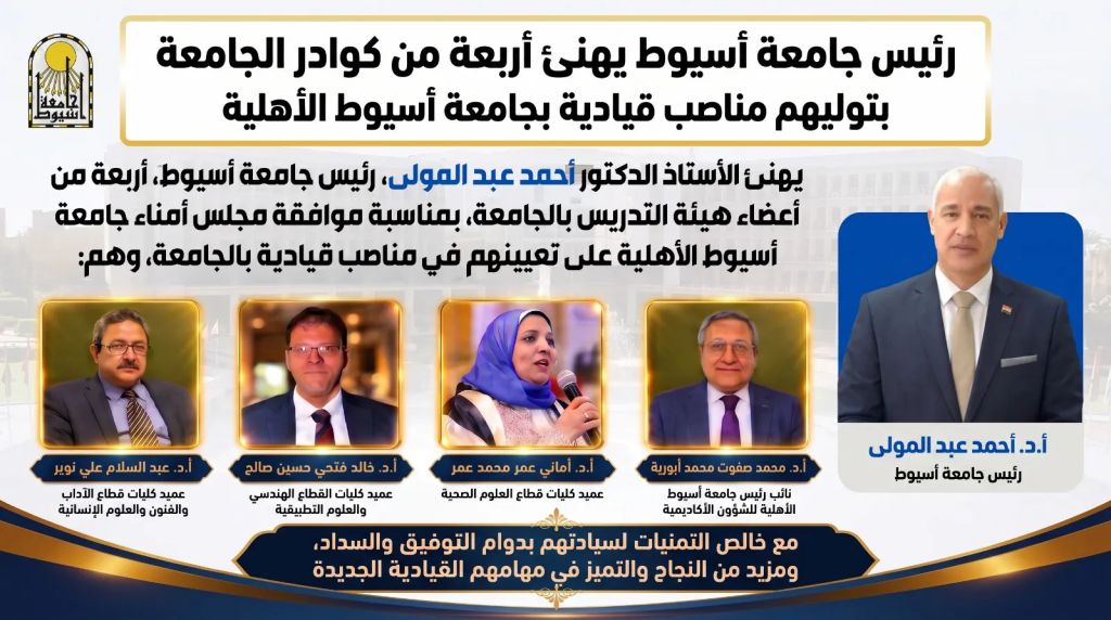 رئيس جامعة أسيوط يهنئ أساتذة الجامعة بتوليهم مناصب قيادية بجامعة أسيوط الأهلية