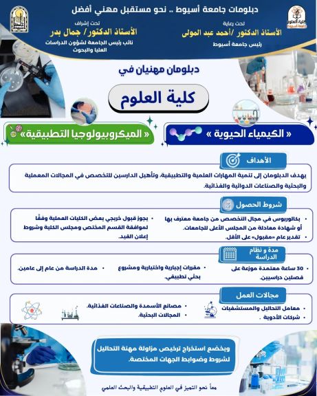 جامعة أسيوط تستعرض دبلومي الكيمياء الحيوية والميكروبيولوجيا التطبيقية بكلية العلوم ضمن حملتها التعريفية «دبلومات جامعة أسيوط.. نحو مستقبل مهني أفضل»