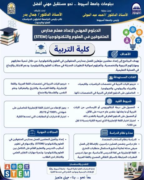 جامعة أسيوط تستعرض الدبلوم المهني لإعداد معلم مدارس المتفوقين في العلوم والتكنولوجيا (STEM) ضمن حملتها التعريفية «دبلومات جامعة أسيوط.. نحو مستقبل مهني أفضل»